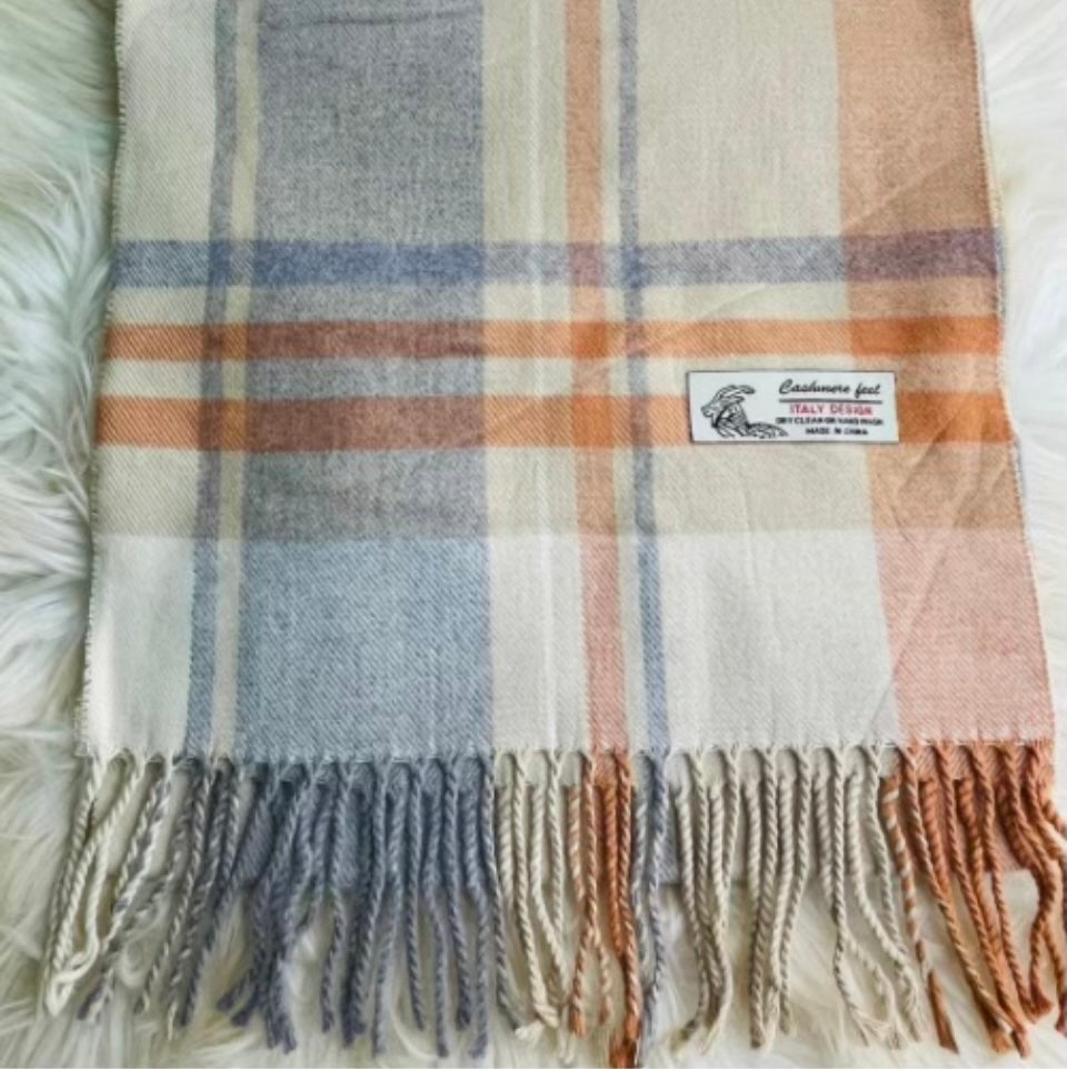 Orange and Blue Plaid Cashmere Feel Scarf