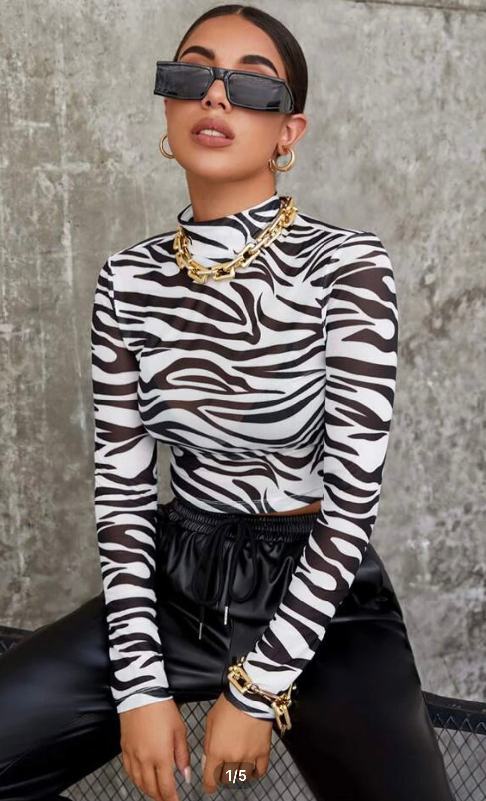 Mock Neck Zebra Striped Crop Top
