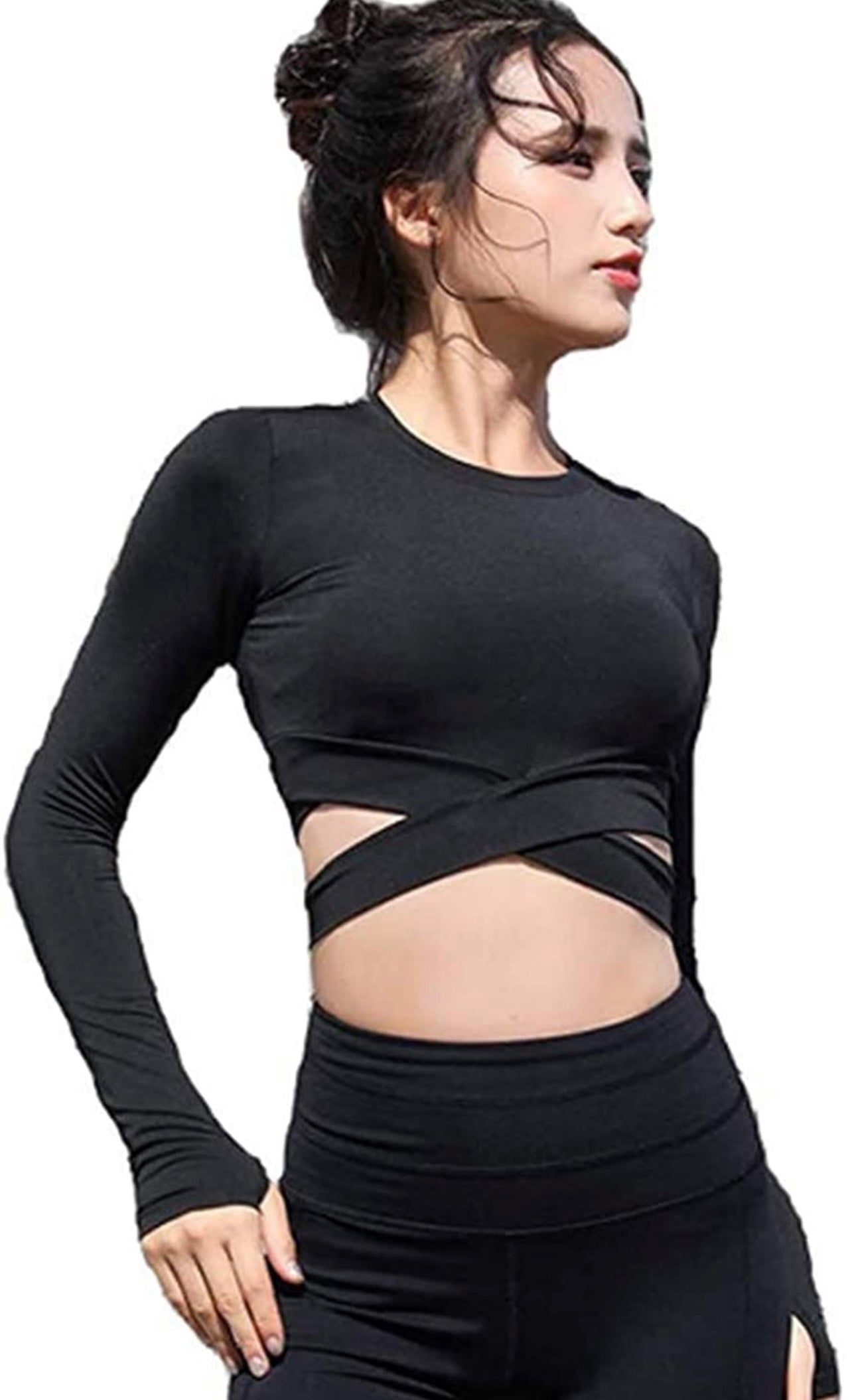 Black Criss Cross Crop Top with Thumb Holes