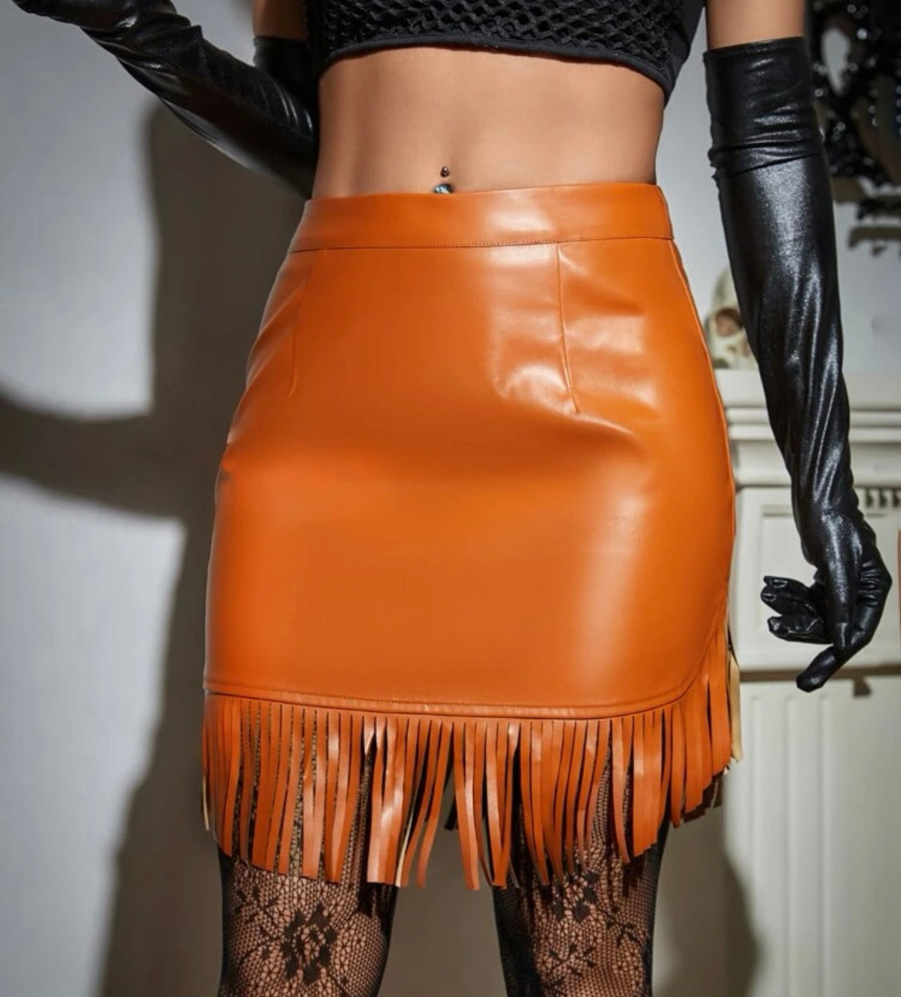 Orange Faux Leather Fringe Skirt