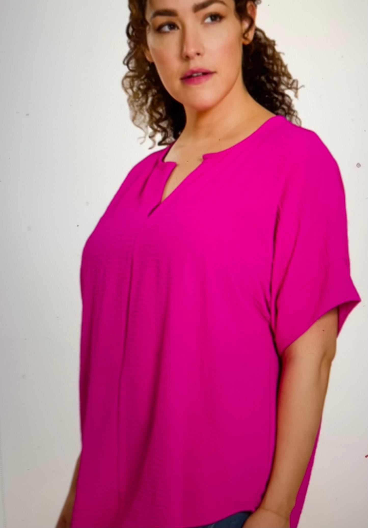 Curvy Neon Hot Pink Notch Neck Airflow Top