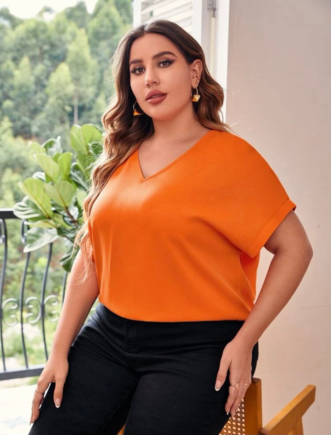 Curvy Orange Batwing Sleeve Blouse