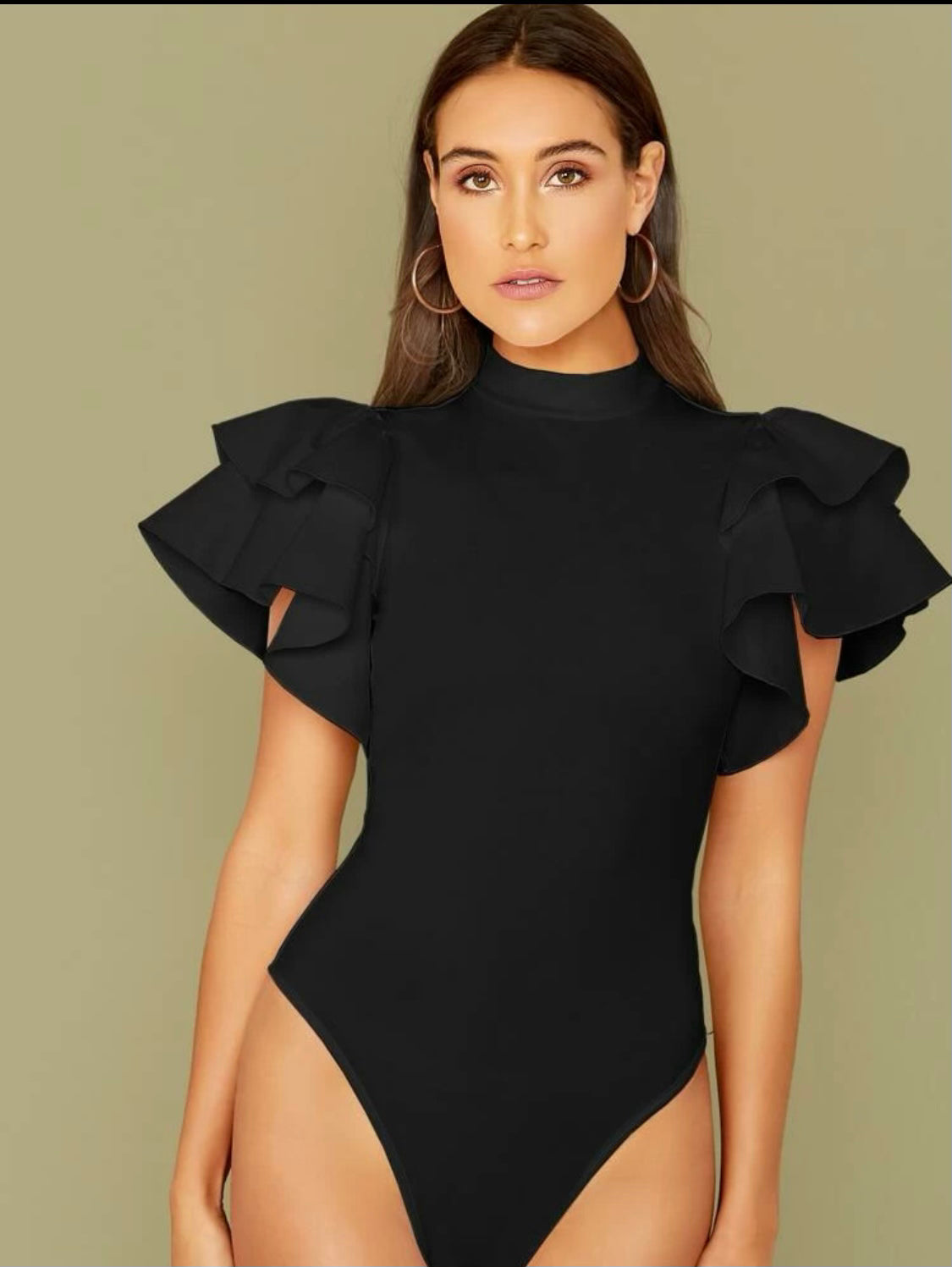 Black Mock Neck Ruffle Sleeve Bodysuit