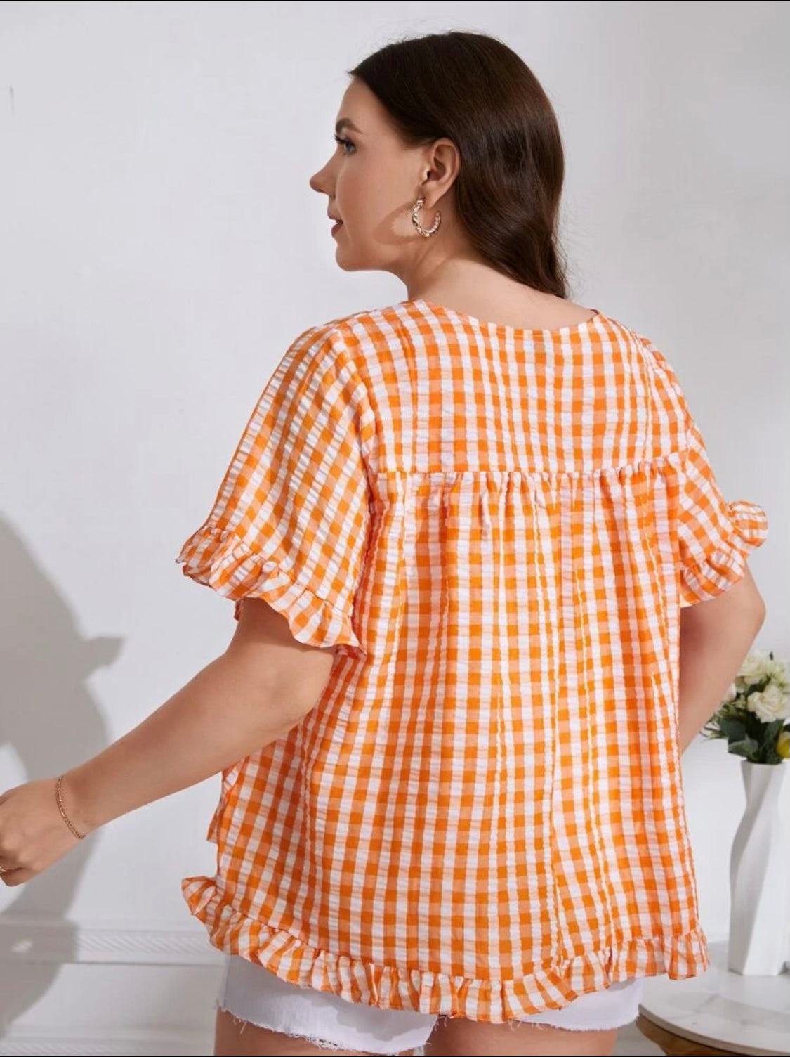 Curvy Orange and White Gingham Top