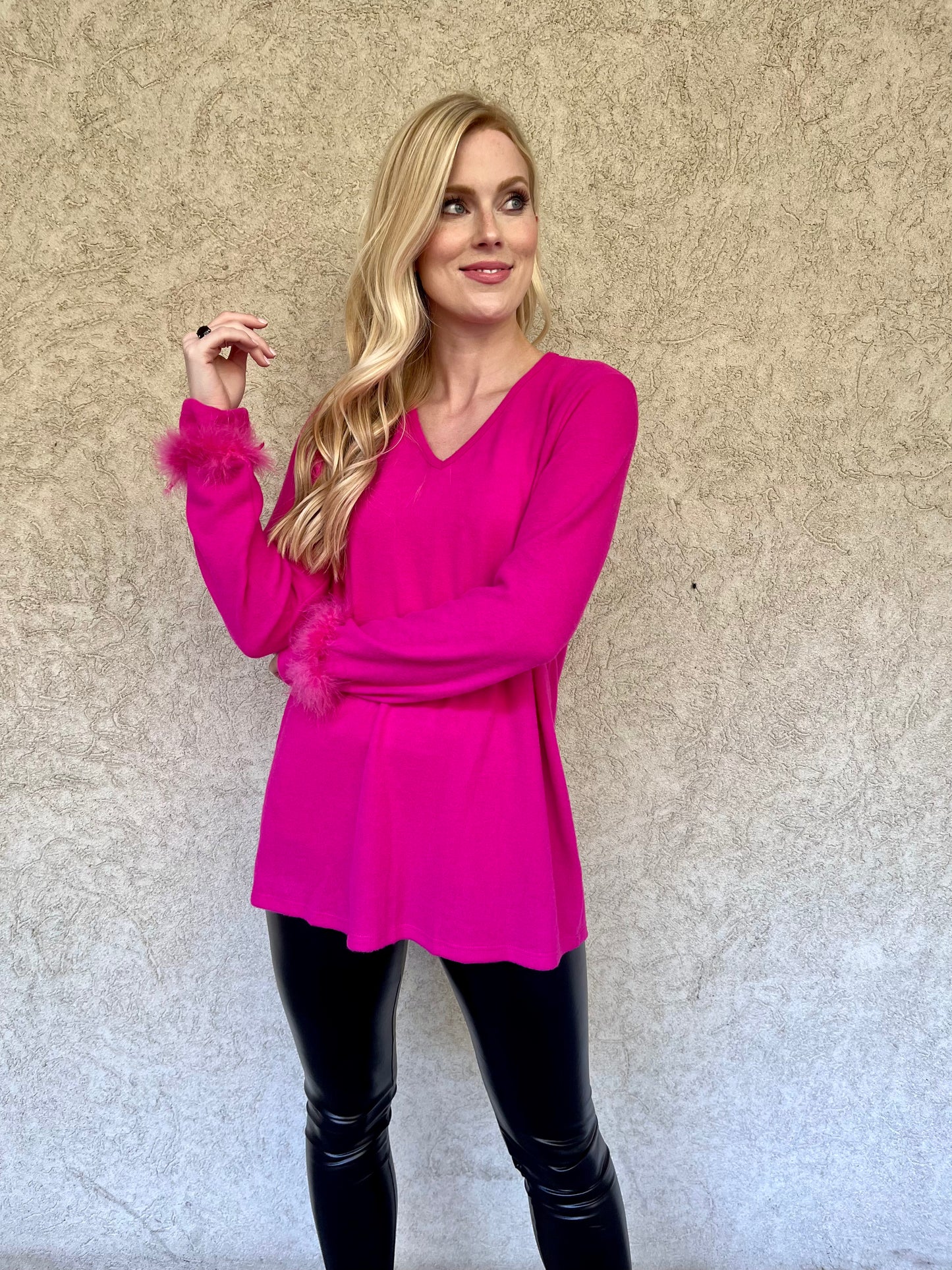 Curvy Fuchsia Sweater With Fur Trimmed Sleeves