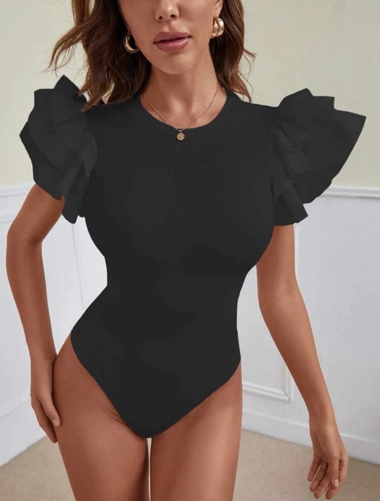 Black Ruffle Sleeved Body Suit