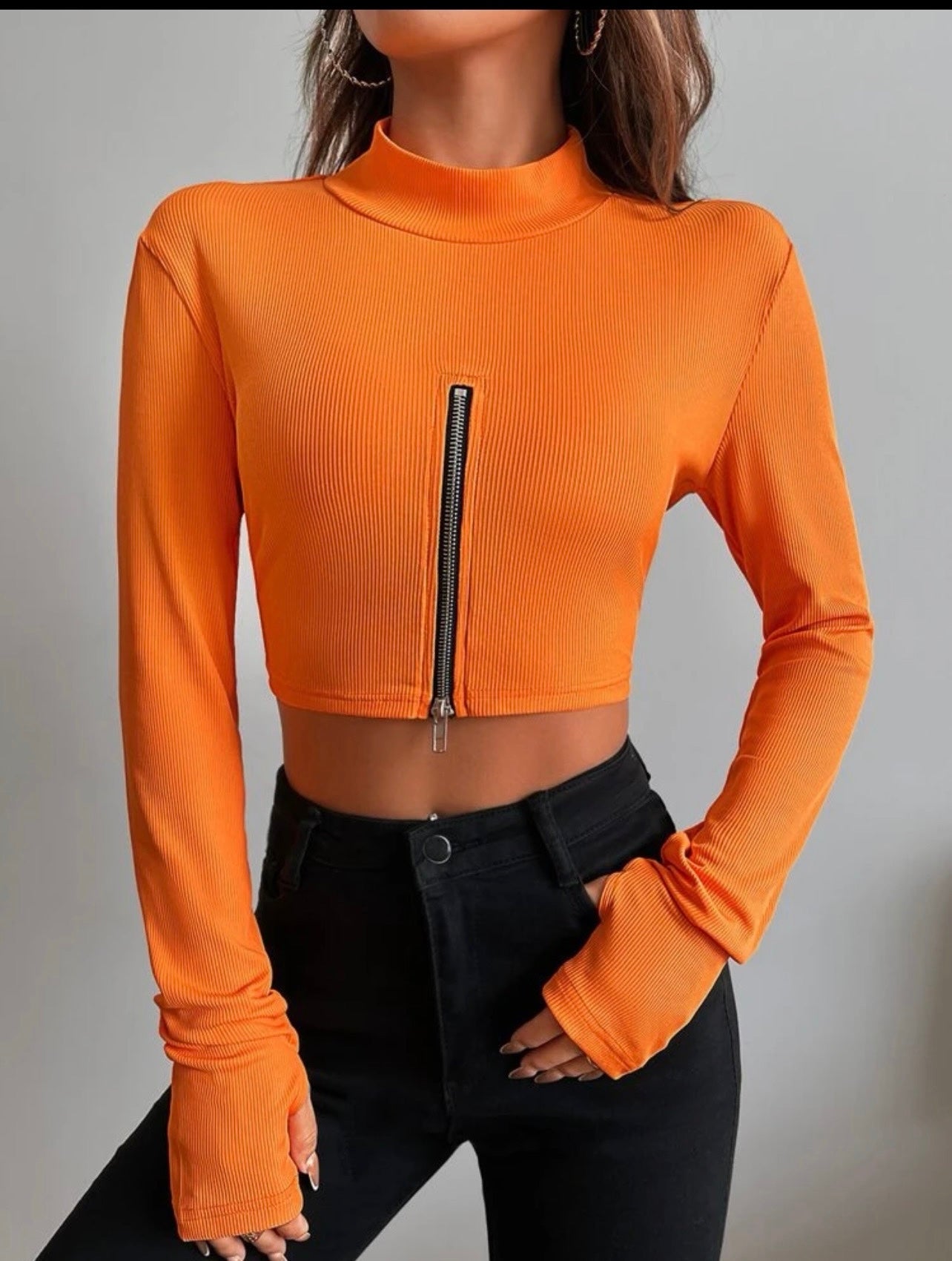 Ribbed Knit Zipper Front Thumb Holes Crop Top