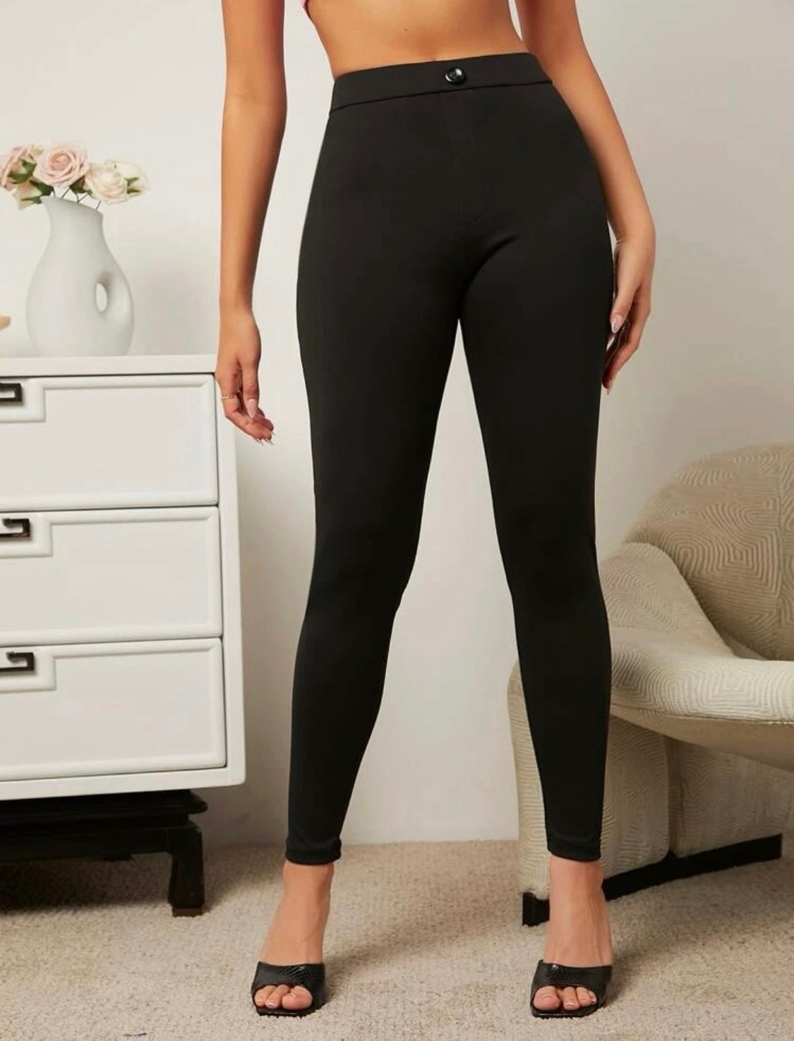 Black Faux Button Ankle Pant