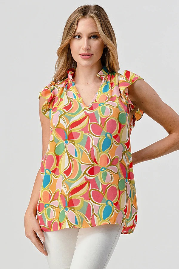 Sleeveless Tropical Flowered Top