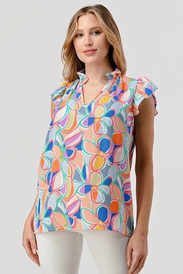 Sleeveless Ocean Flowered Top