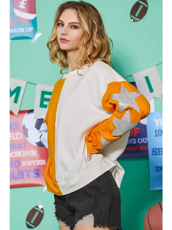 Orange and White Color Block Glitter Star Sweatshirt