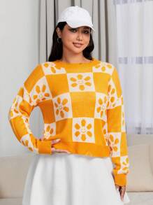 Curvy  Orange Distressed Flower Sweater