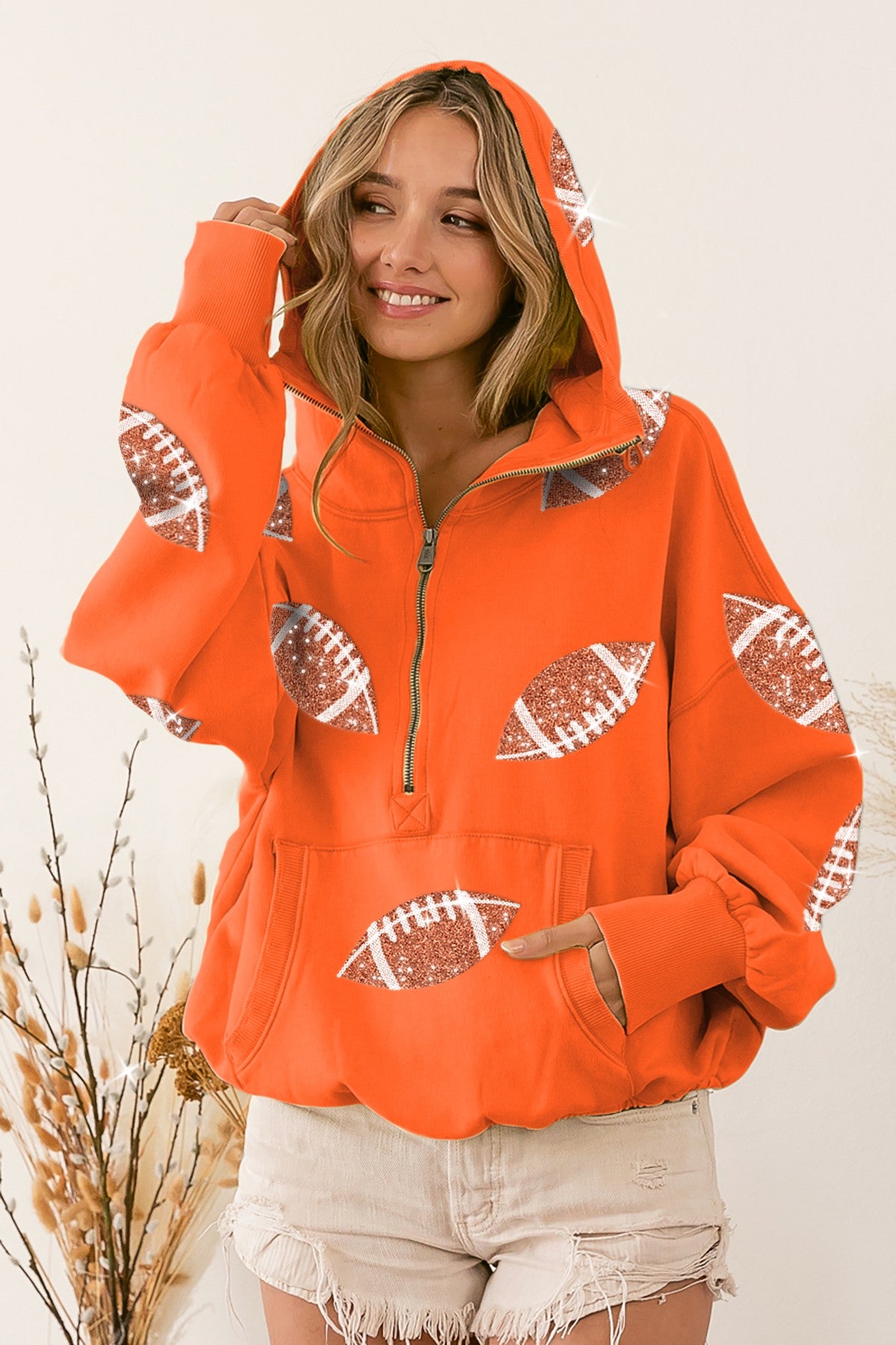 Orange Hoodie with Sequin Footballs
