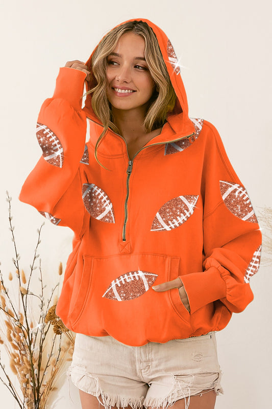 Orange Hoodie with Sequin Footballs