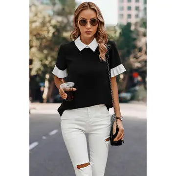 Black and White Ruffle Sleeve Blouse