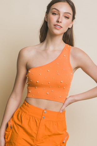 One  Shoulder Pearl Detail Top