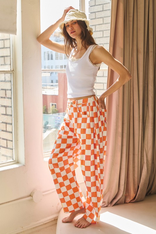 Orange and White Checkered Barrell Jeans