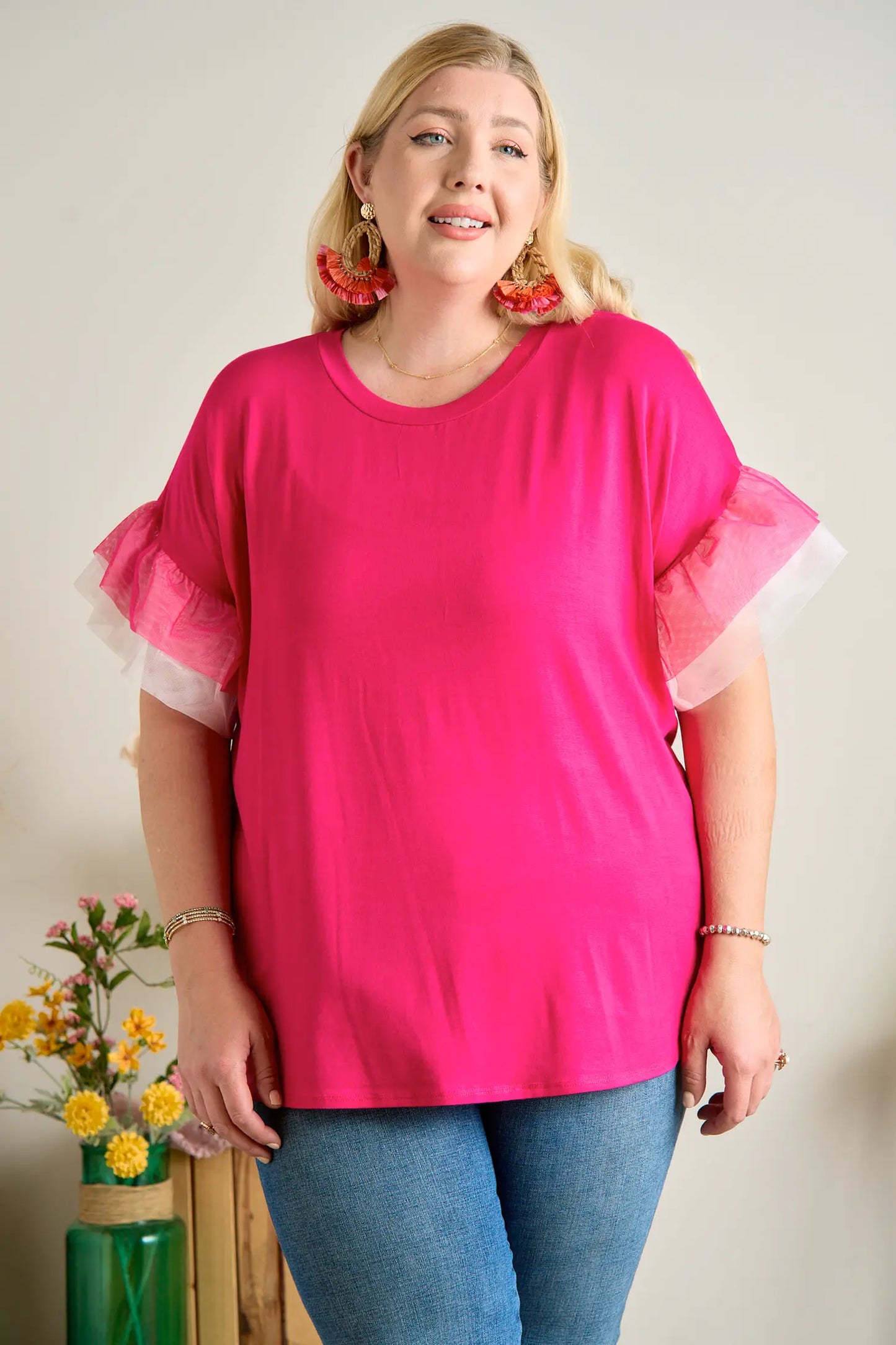 Curvy Hot Pink Mesh Sleeve Top