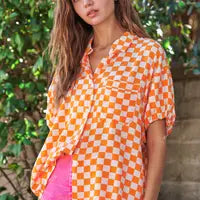 Orange and White Checked Button Front Blouse