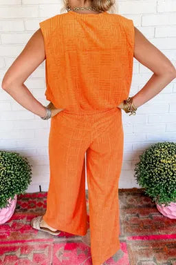 Orange 2 Piece Textured Wide Leg Pant Set