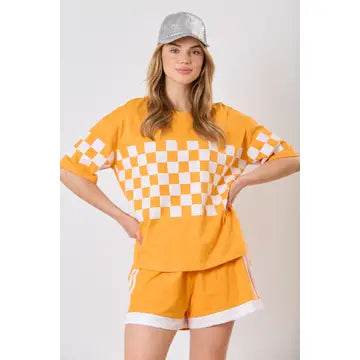 Orange and White Checkered Sequin Tee