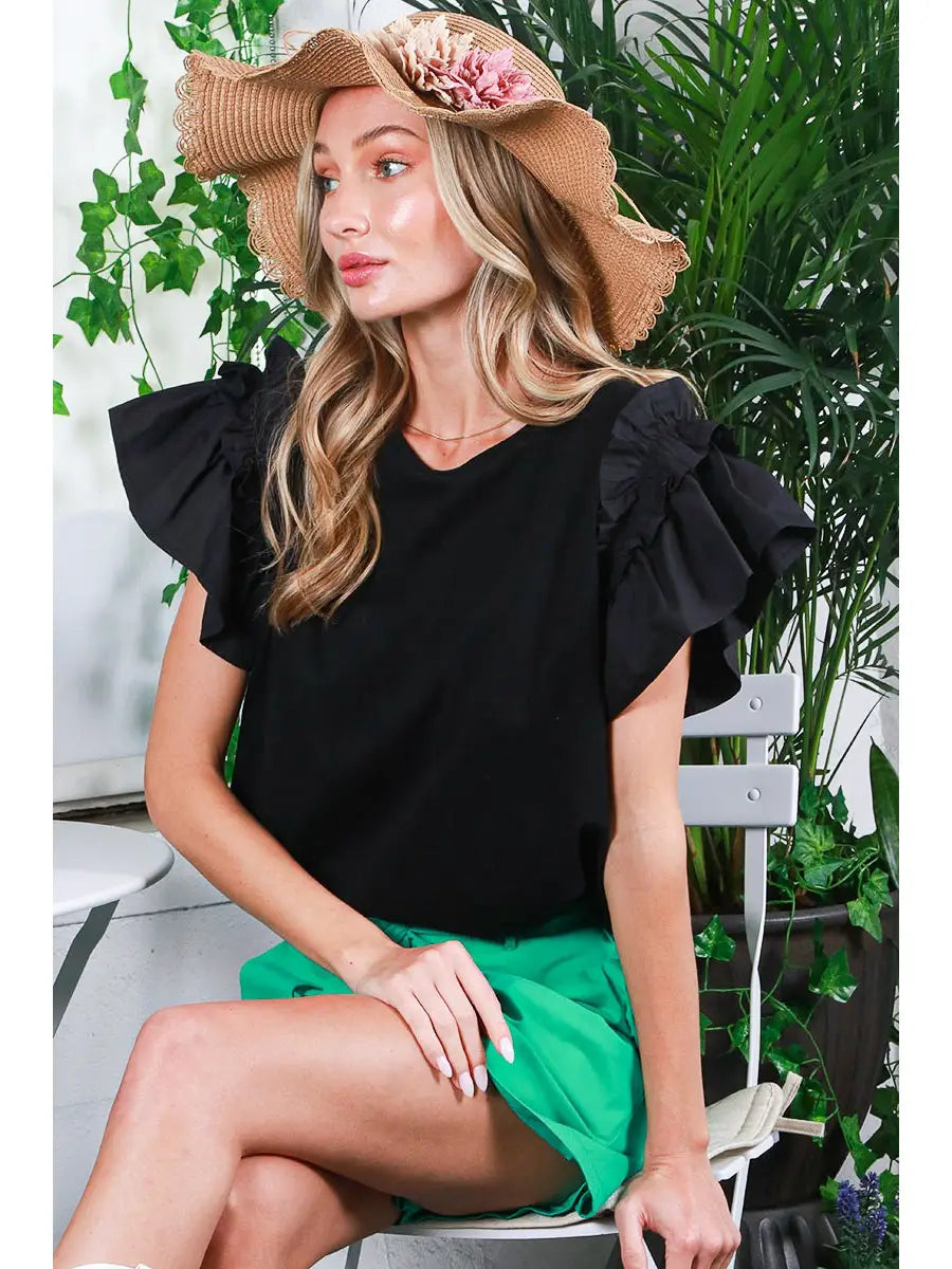 Black Double Ruffle Sleeve Tee