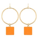 Orange Circle and Wood Square Earrings