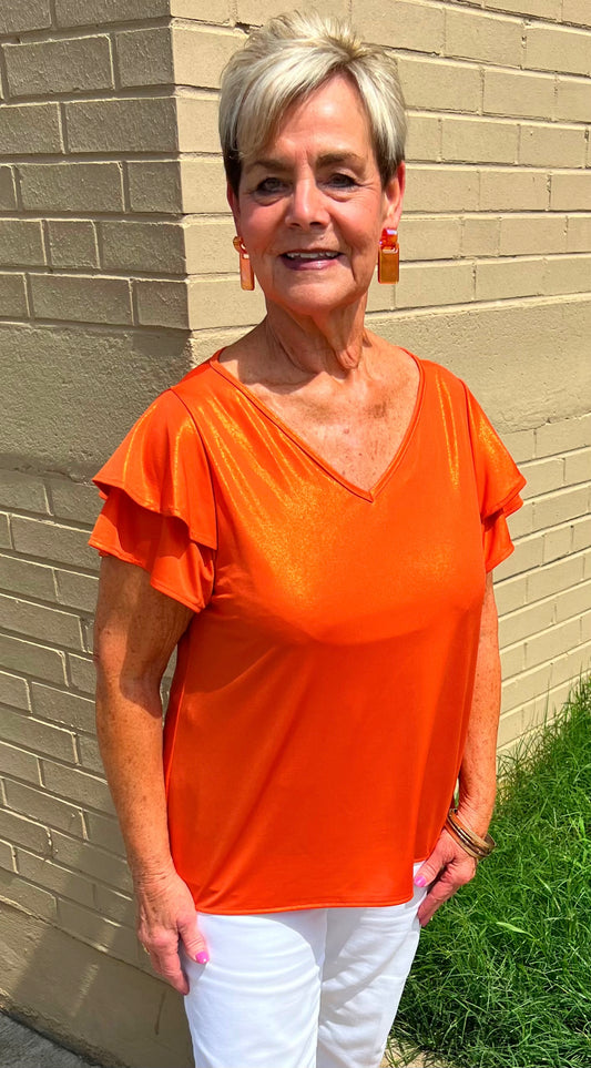 Orange Shimmer Ruffle Sleeve Top
