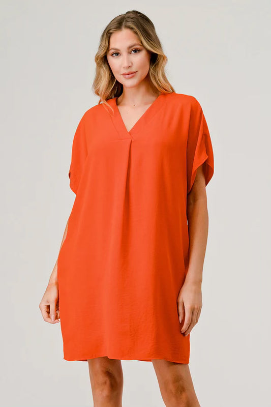 Curvy Orange Pleated Front Tunic Dress