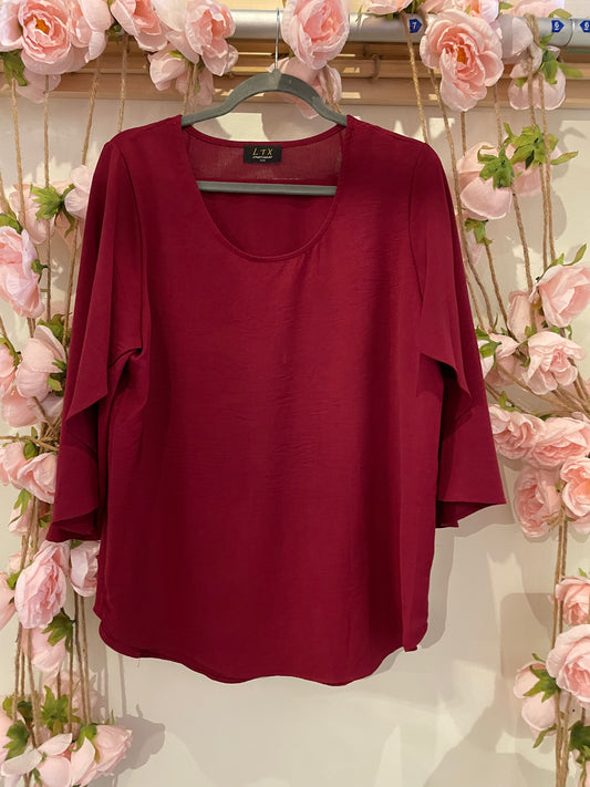 Burgundy Scalloped Sleeve Air Flow Top