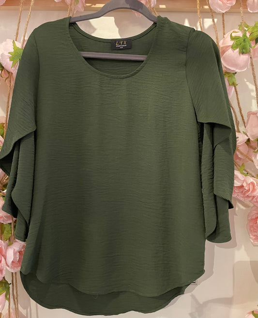 Dark Green Scalloped Sleeve Air Flow Top