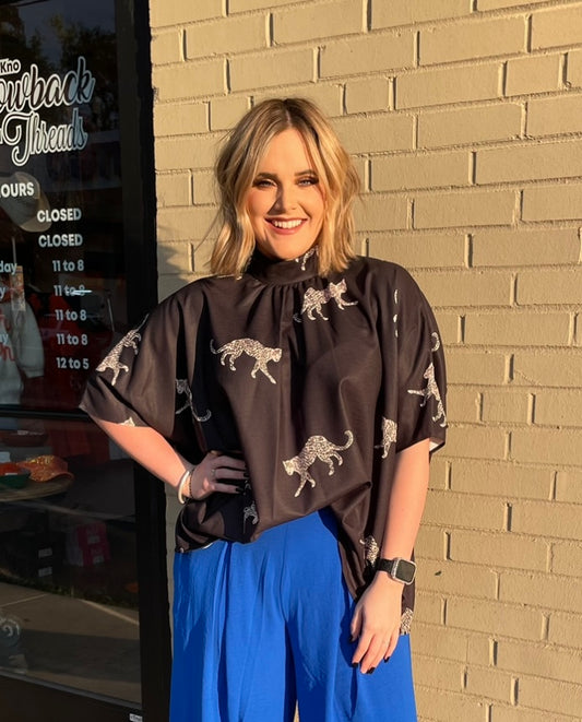 Black Jaguar Tie Neck Blouse