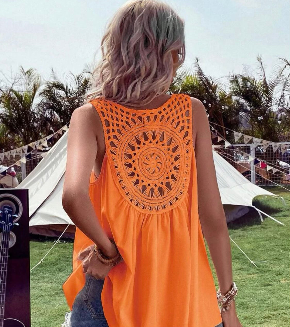Orange Sleeveless Crochet Detail Top