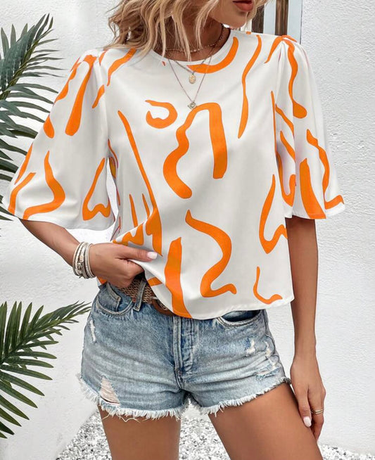 Orange and White Flounce Sleeve Top