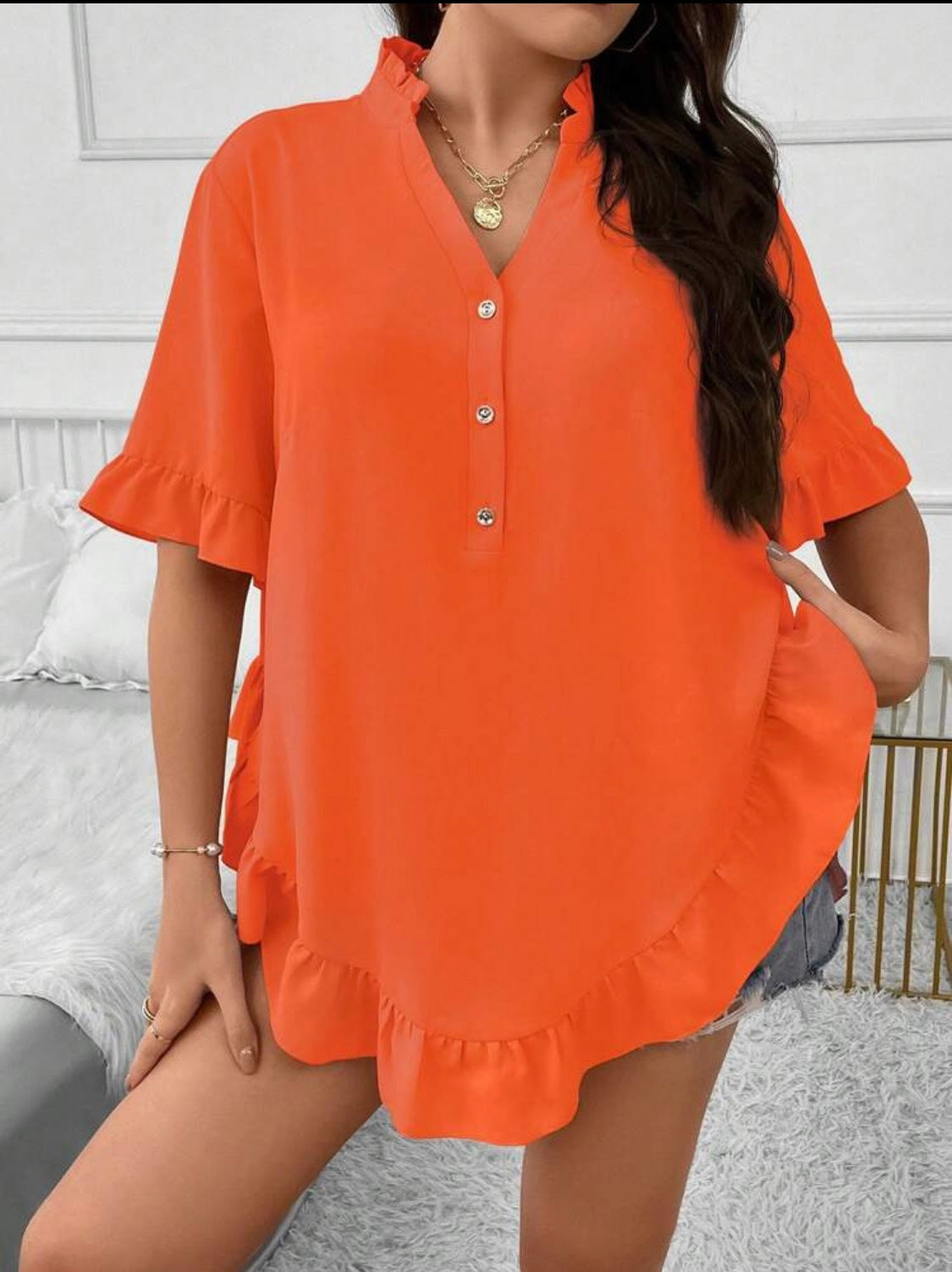 Curvy Orange Ruffle Trim Blouse