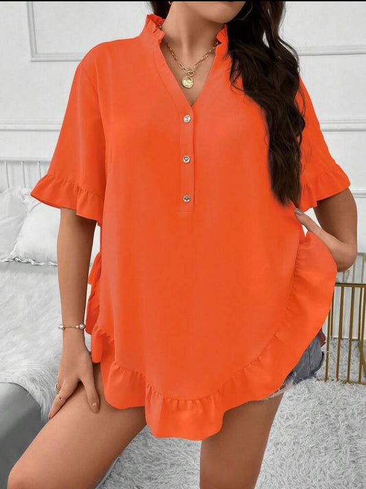 Curvy Orange Ruffle Trim Blouse