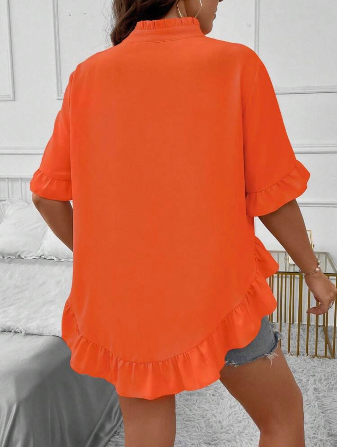 Curvy Orange Ruffle Trim Blouse