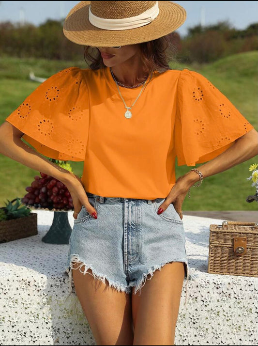Orange Eyelet Ruffle Sleeve Top