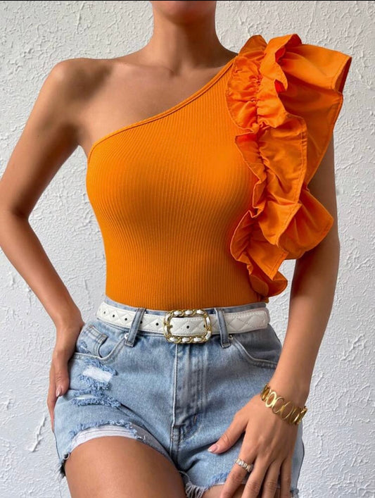 Orange Knit One Shoulder Ruffle