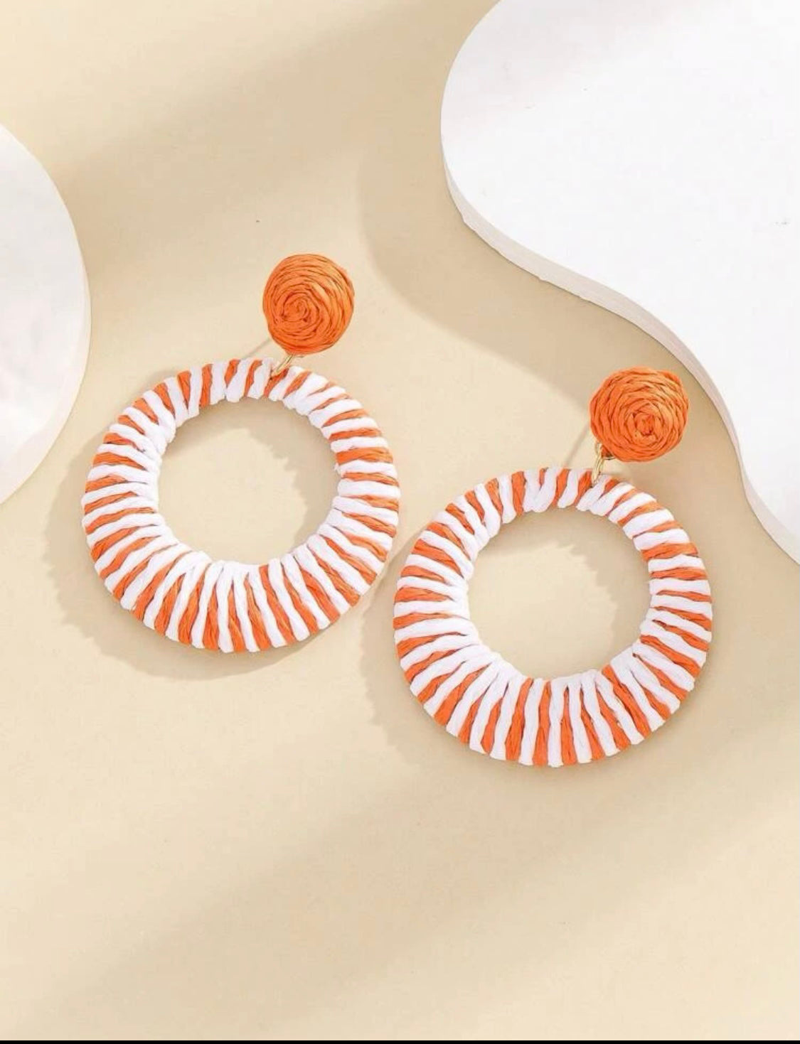 Orange and White Round Raffia Earrings
