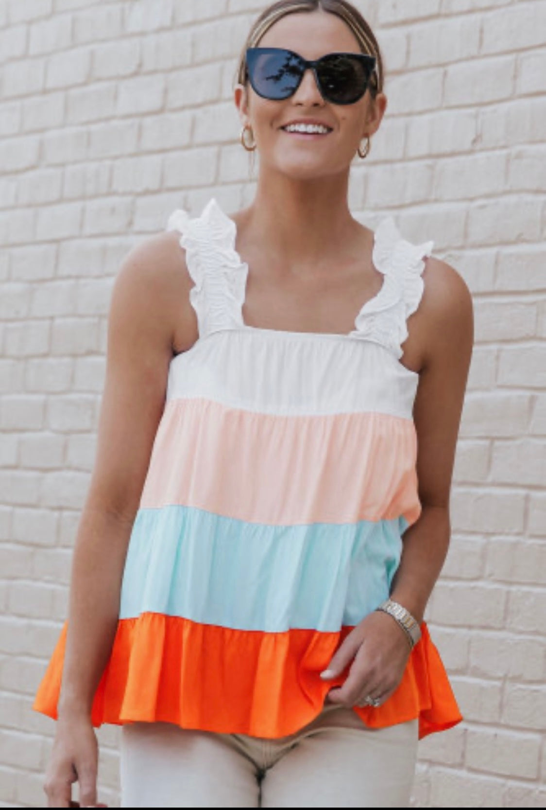 White Frill Straps Color Block Tier Tank