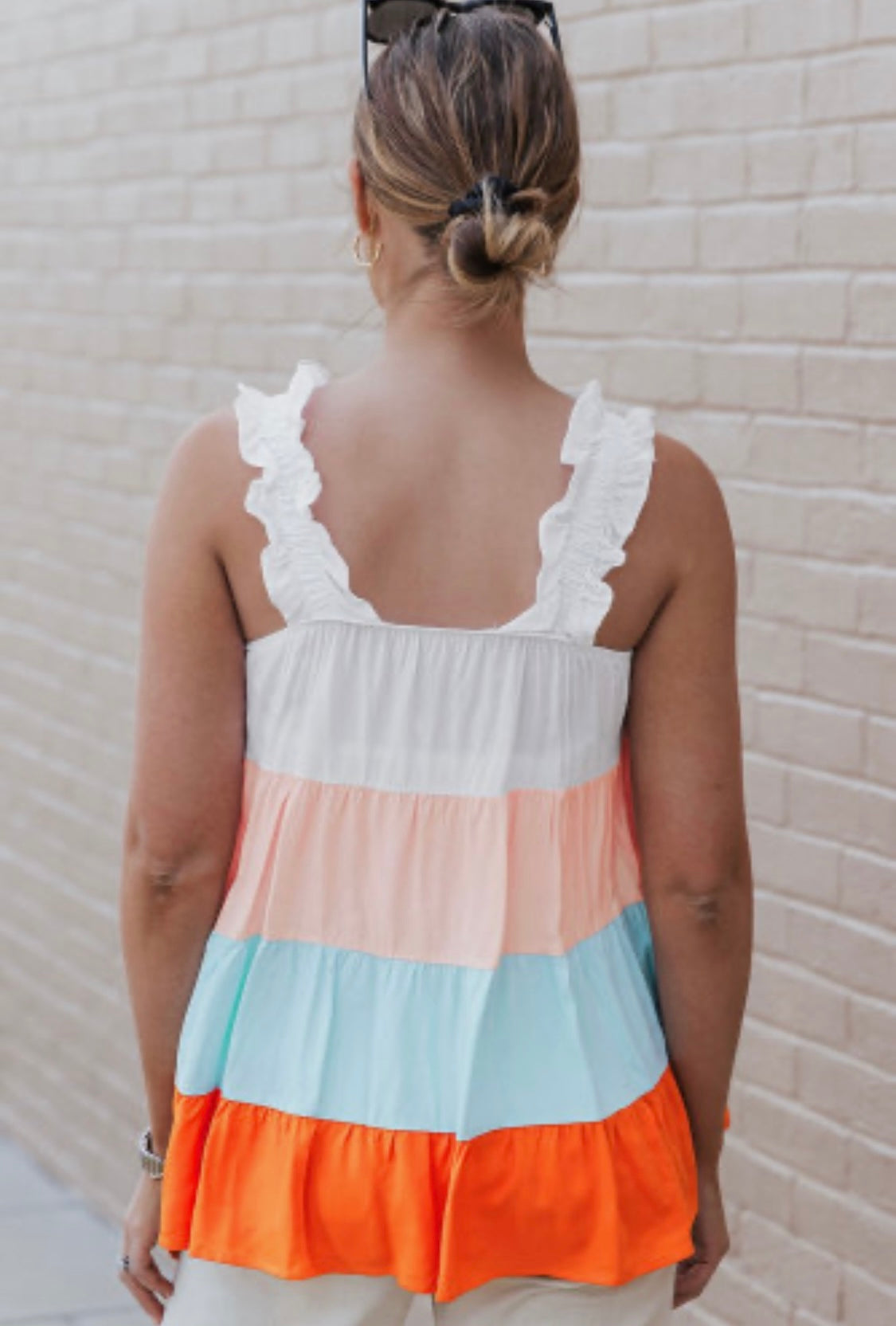 White Frill Straps Color Block Tier Tank