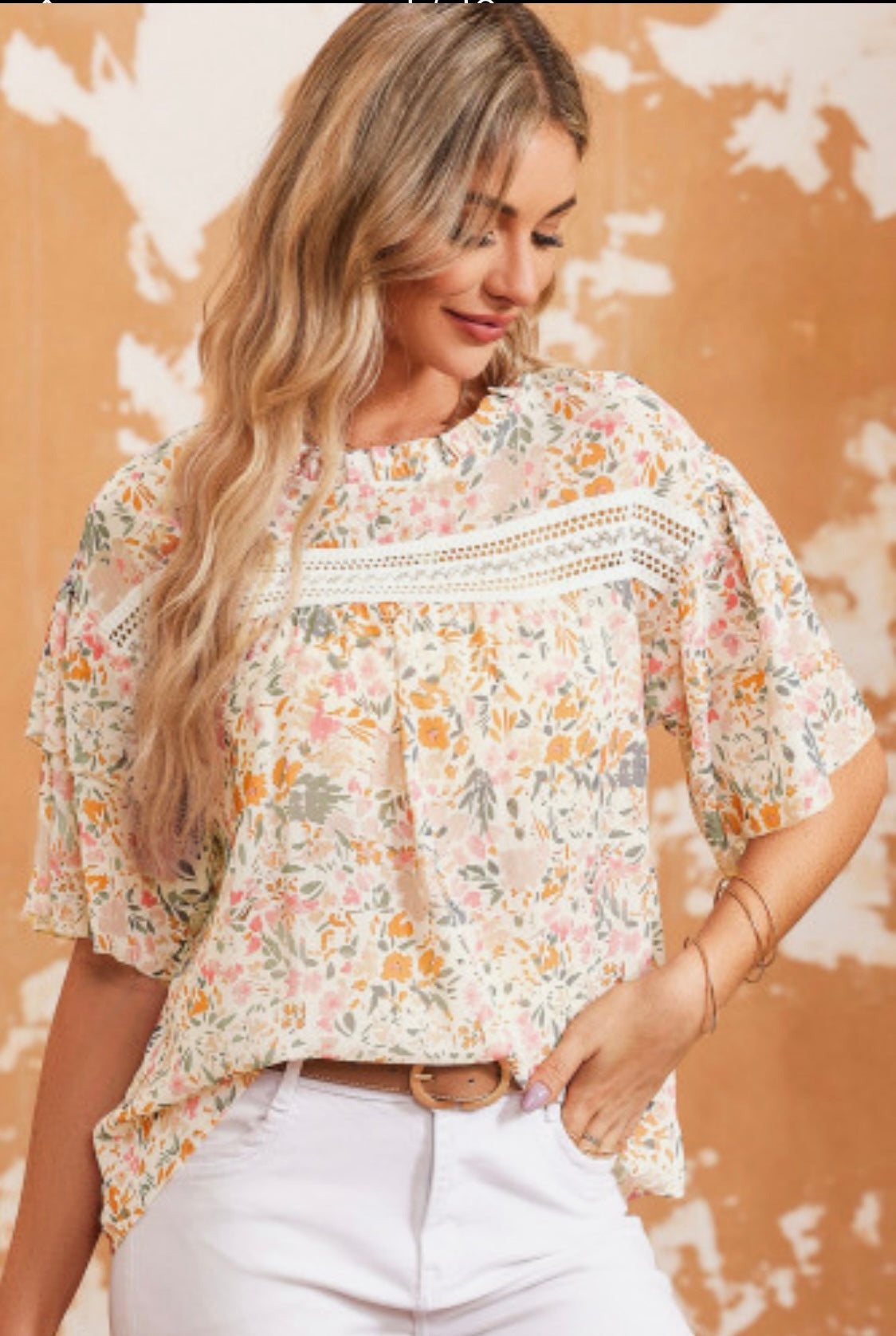 Floral Print Wide Ruffle Sleeve Blouse