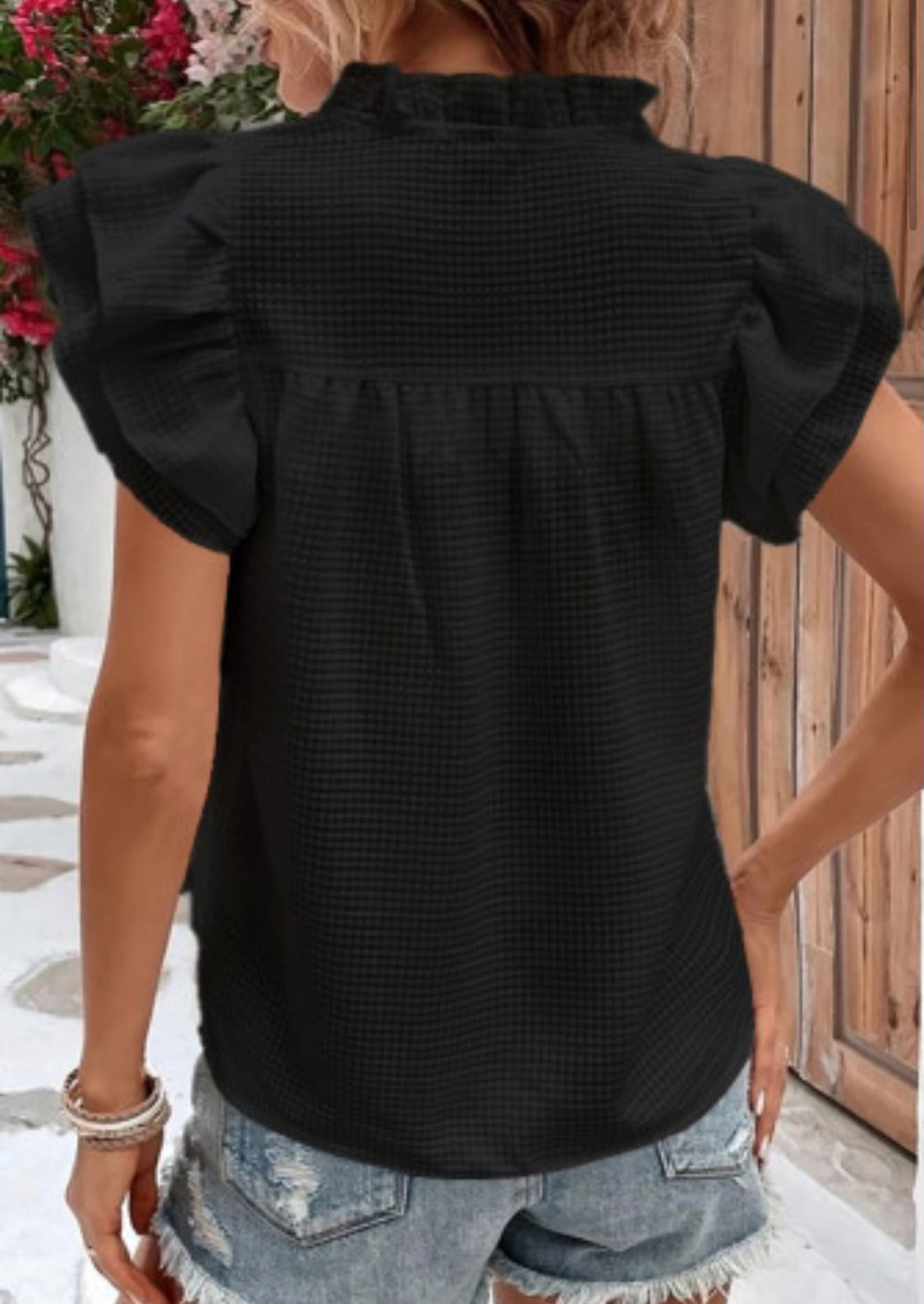 Black Ruffle Accent Flutter Sleeve Top
