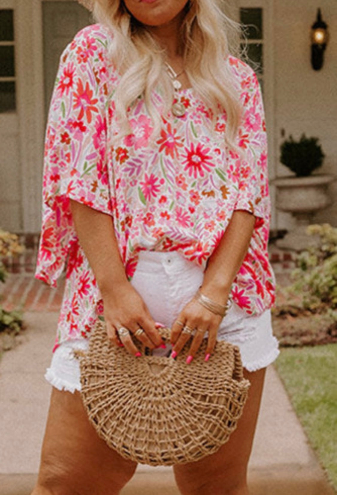 Curvy Pink Floral Half Sleeve Blouse