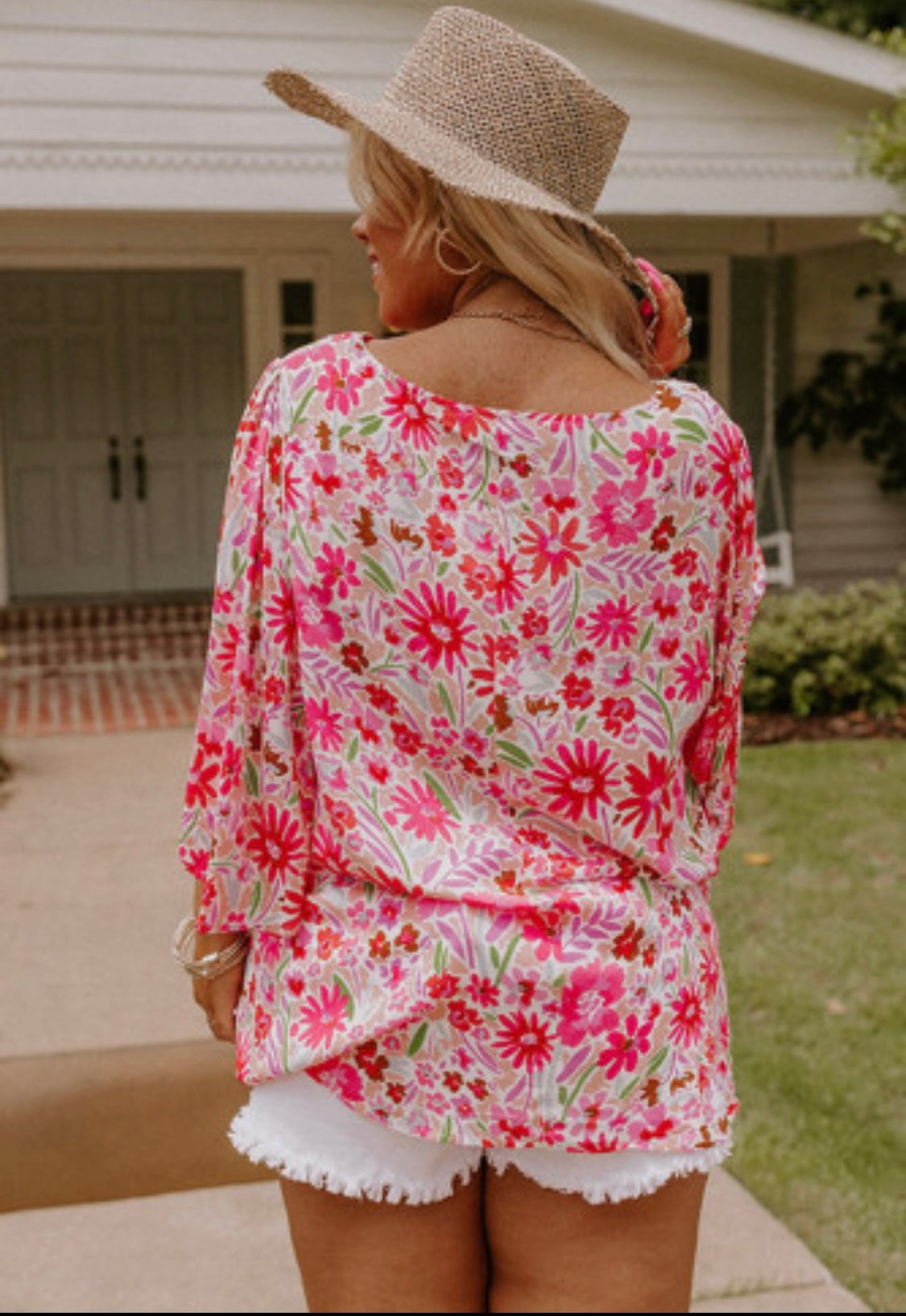 Curvy Pink Floral Half Sleeve Blouse