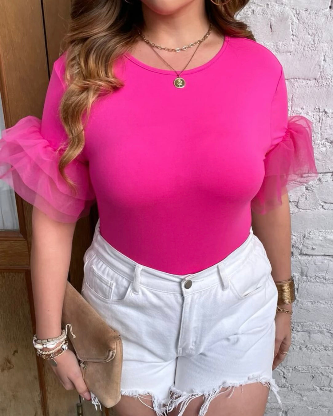 Hot Pink Ruffle Mesh Top