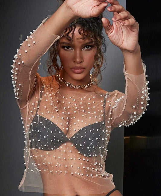 Nude Mesh Pearl Sheer Top