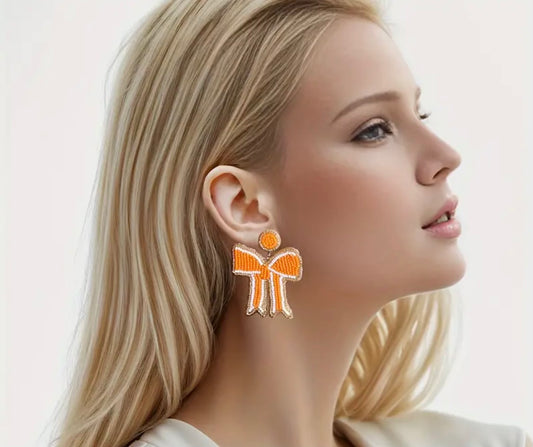 Orange and White and Gold Beaded Bow Earrings