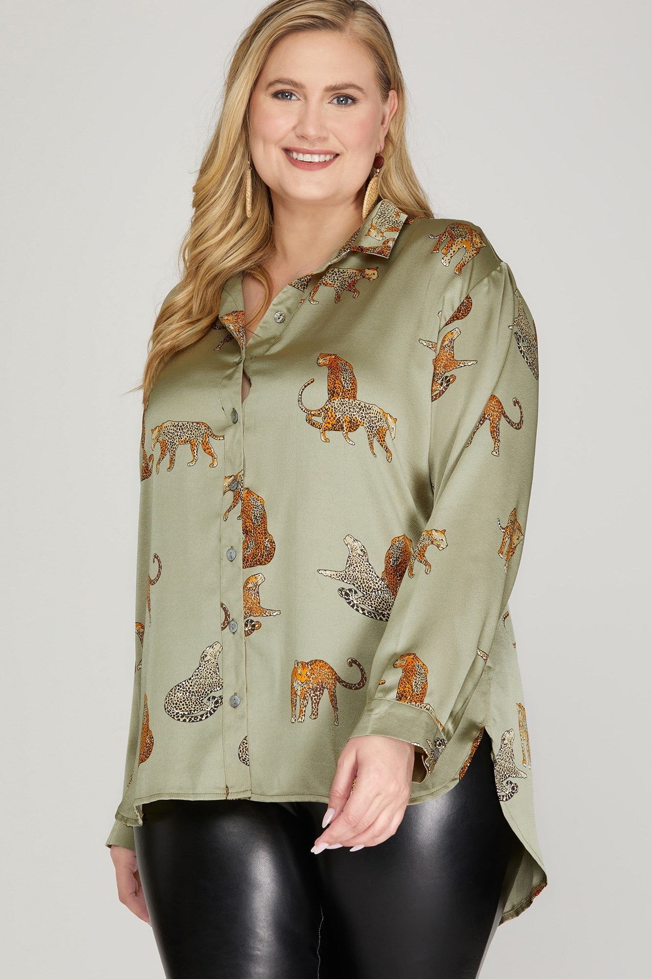 Curvy Olive Jaguar Print Silky Shirt
